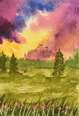 Tarjeta de arte pintada a mano acuarela paisaje pintura original aceo Foto 1 de 2