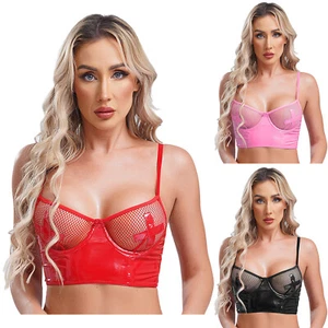Prendas para el torso bralette de látex brillante con cremallera de rejilla de cuero de aspecto húmedo para mujer - Imagen 1 de 25