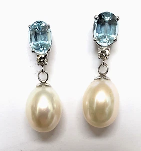 12MM South Sea white pearl 3.17CT Blue topaz 0.20CT Diamond stud earrings 14K - Picture 1 of 14
