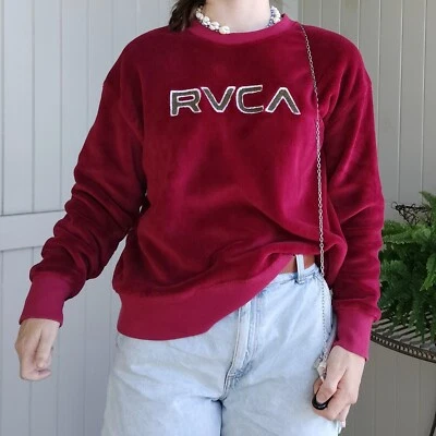 RVCA Womens Jumper Sweater Size S 8-12 Red Burgundy Velvet Fleece Embroidered - Image 1 of 4
