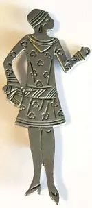 Vtg Art Deco 1 Pc Brooch Lady Walking Dog (Missing chain & Dog) Silver-tone @PK - Picture 1 of 8