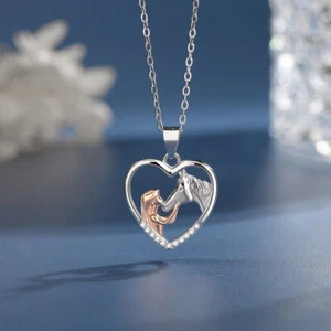 Heart-shaped Sterling Silver Girl and Horse Pendant Necklace Plated White Gold - Imagen 1 de 4