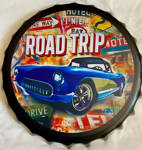 METAL BOTTLE CAP WALL ART: ROAD TRIP  14" CIRCULAR, RESIN PAINT- 1 lb, W/HOOK - Picture 1 of 5