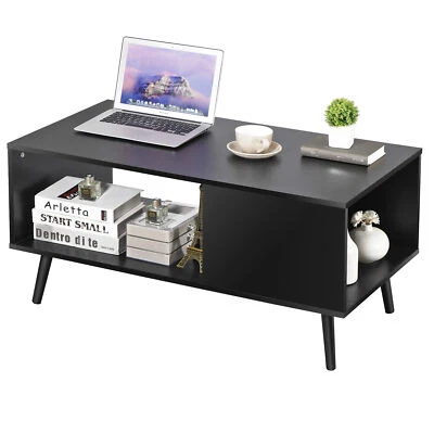 Mesa de centro negra con estante de almacenamiento abierto mesa central para sala de estar Foto 1 de 4