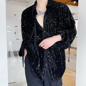 Mens Sequin Long Sleeve Loose Shirt Button Down Straps Top Stage Show Party - Picture 1 of 14