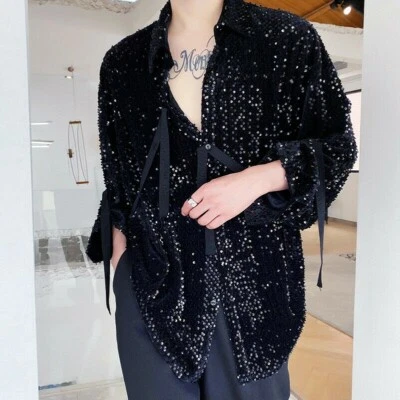 Mens Sequin Long Sleeve Loose Shirt Button Down Straps Top Stage Show Party - Image 1 of 4