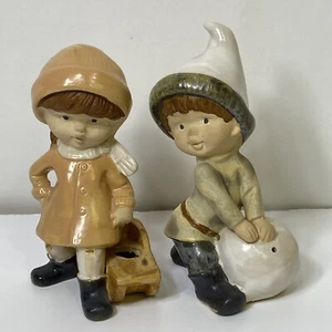UCTCI Ceramic Figurine Set Young Girl Boy Playing Snow Sled Christmas Japan - Picture 1 of 12