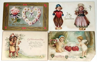 Antiguo lote de 4 postales de San Valentín de principios de 1900 vacaciones efímeras Foto 1 de 4