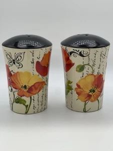 Poppy Flower CIC Salt & Pepper Shakers Set Black Top 5” Tall Ceramic Floral - Picture 1 of 6
