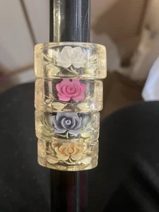 Lot 4 Vintage painted Back Carved Lucite Ring sz 7 1/2 flowers Rings - Picture 1 of 4