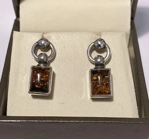 Vtg Sterling Silver & Articulated Amber Drop Earrings. Butterfly Fastenings (4g) - Picture 1 of 12