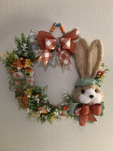 Spring Easter Fur Bunny Wreath 15.5” Ribbon Covered Frame Floral Eggs Carrots - Picture 1 of 6