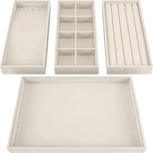 Belle Vous 4 Pack of Cream Velvet Stackable Jewellery Organiser Storage Trays - Picture 1 of 7