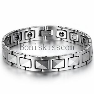 Men's Silver Tungsten Carbide Link High Power Therapy Magnetic Bracelet Chain
