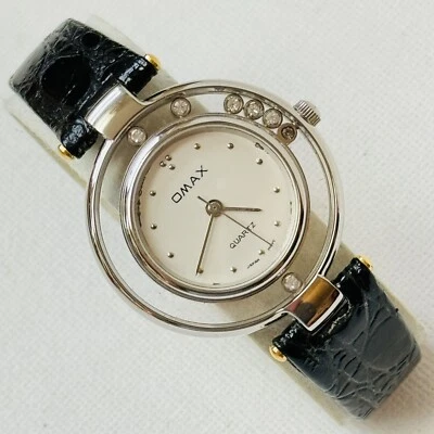 Vintage OMAX Floating Crystals 30mm Women's Watch Silver Black Croco Leather - Image 1 of 4