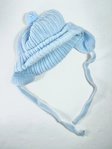Vintage 1970s Blue Acrylic Knit Baby Hat With Pompom Earflaps and Brim EX 0-6 Mo - Picture 1 of 2