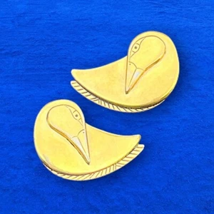 Laurel Burch Bird Head Clip On Earrings Gold Tone Color Vintage - Picture 1 of 3