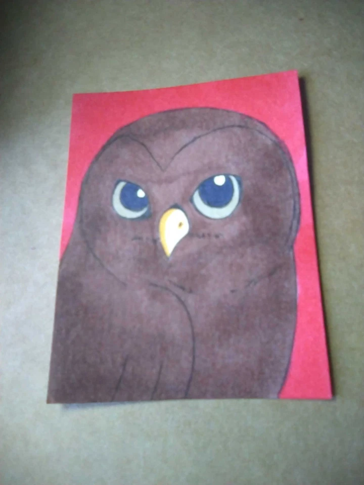 Tarjeta de arte de pintura ACEO original de medios mixtos ATC animal pájaro búho 2 Foto 1 de 1