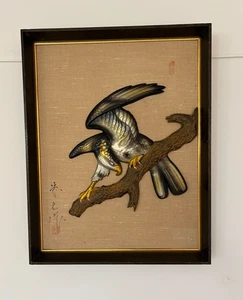 Japanese Vintage Metal Relief Panel – Hawk on Branch – Signed, Framed 3D Art - Picture 1 of 9