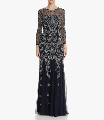 Adrianna Papell Beaded Dress Size 6 Formal Gown Navy $298 Tulle 3/4 Sleeve Sheer - Image 1 of 4