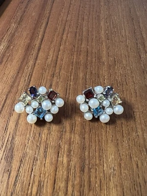 ROSS SIMONS RS 925 STERLING SILVER MULTI GEMSTONE PEARL OMEGA CLASP EARRINGS - Image 1 of 4