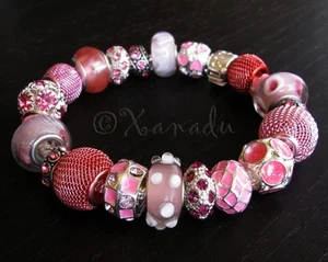 Pretty In Pink Deluxe European Charm Bracelet - Fuchsia, Salmon, Light Coral - Picture 1 of 10