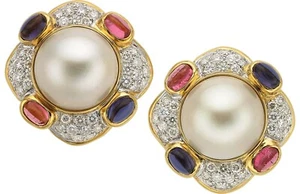 18k Yellow Gold Mabe Pearl, Diamond, Tourmaline, and Iolite Ear Clips - Picture 1 of 1