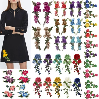 Rose Flower Embroidery Iron Sew On Patch Badge Clothes Fabric Applique 1/2pcs # - Image 1 of 4