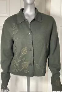 Vintage JONES NEW YORK Merino Wool Cardigan Sweater Size P/L Green Applique - Picture 1 of 11