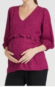Isabel Maternity Women's Medium Purple Floral 3/4 Sleeve Ruffle Waist Woven Top - Picture 1 of 6
