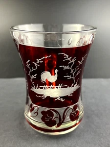 Antique Bohemian Ruby Stained Hand Blown Etched Bird 3 7/8" Glass Mug Cup - Picture 1 of 12