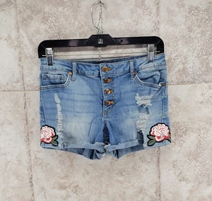 Button Fly No Boundaries Cut Off Embroidered Roses Jean Short Shorts Size 7 Jrs - Picture 1 of 8
