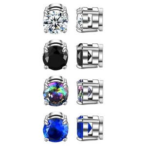 Stainless Steel 8mm CZ Magnetic Studs Men Women Earrings Non-Piercing Clip On - Picture 1 of 14