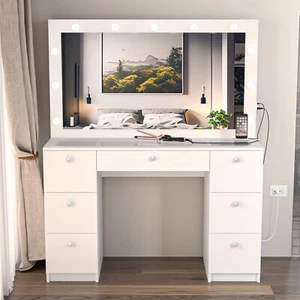 Vanity Table, Mirror, Glass Top, Built-in Lights, 7 Drawers, Crysta Ball Knobs - Picture 1 of 7