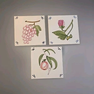 Vtg 3 Handpainted Portugal Ceramic Tiles  5 7/8" Square Folk Art Fruits & Flower - Picture 1 of 21