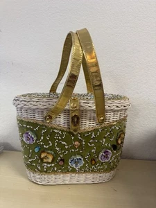 Cartera Midas de Miami de los años 50 dorada de mimbre con forma ovalada de fieltro con joyas flores con cuentas - Imagen 1 de 10