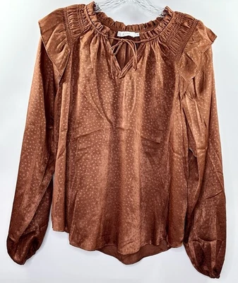 Blusa Luberante Lg Slv Satén Cuello Simulado Top Cobre Marrón Volantes Borde Talla L Foto 1 de 4