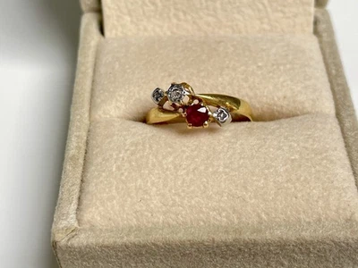 Ancien Bague toi et moi or rose 18k diamant taille rose rubis Antique Gold Ring - Photo 1/4