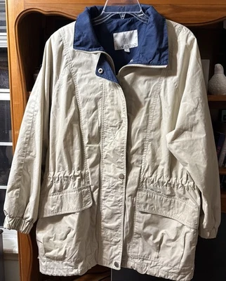 London Fog Hooded Rain Jacket Beige Blue Lined Size Medium - Image 1 of 4