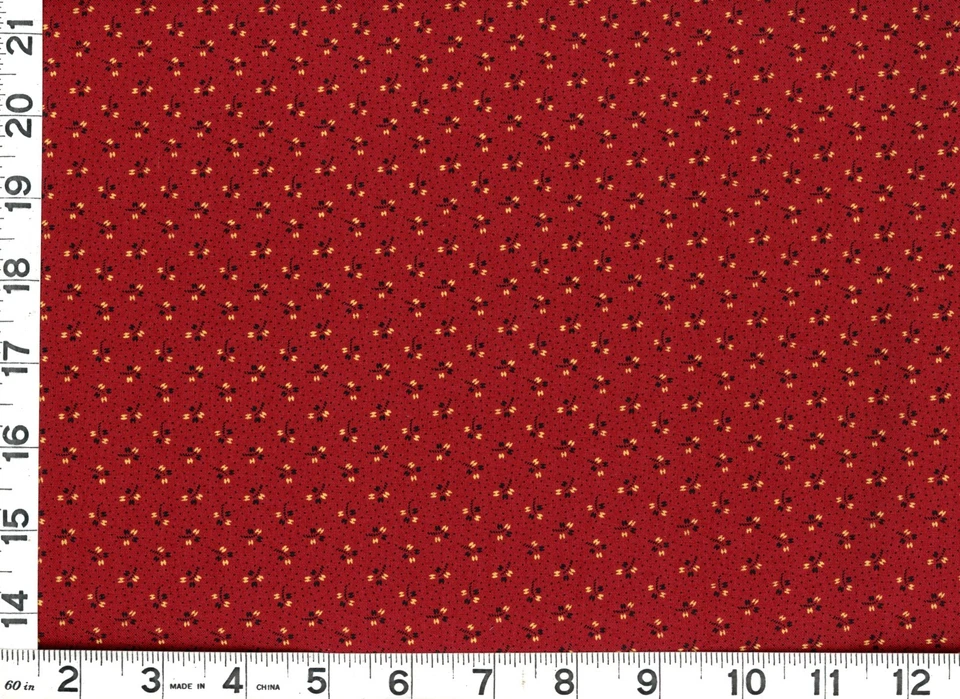 Tiny Black & Yellow Designs on Dark Red Quilting Sewing Fabric by Yard #c18 - Image 1 of 1