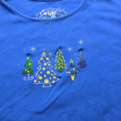 Top Coral Bay Talla Grande 2X Azul Árbol de Navidad Bordado Manga Larga Foto 1 de 4