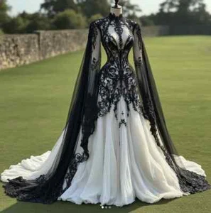 Black+White Wedding Dresses Gothic Lace Applique with Cape Sleeves High Collar - Picture 1 of 6