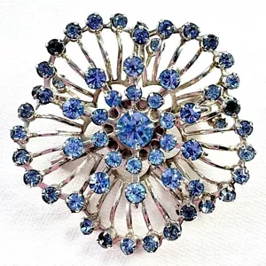Vintage Light Blue Rhinestone Floral Brooch Pin - Picture 1 of 5