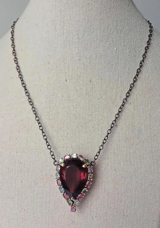 COLLIER ARGENTO STERLING 925 BRUNITO CON QUARZO COGNAC E TORMALINE NATURALI - Immagine 1 di 4