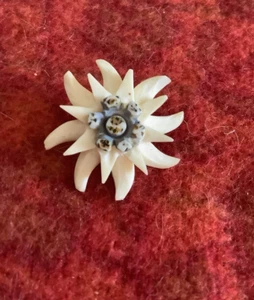 Antike Edelweiß Blumen Anstecknadel handgeschnitzt 3-D Brosche ~ blau-grau-gelbe Blume 1930 - Bild 1 von 5