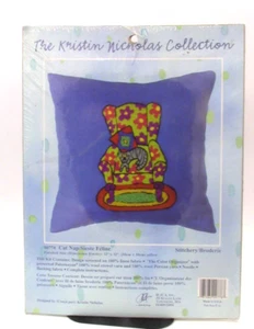 Kristin Nicholas Cat Nap Stitchery Kit 12"x12" Craft Linen Fabric Pillow Cover - Picture 1 of 2