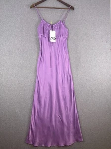 Zara Kleid Damen X-Small Flieder Satin Maxi Slip Schleife Detail Rüsche Cocktail Party - Bild 1 von 7