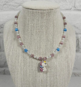 Unicorn Necklace Cat Eye Glass Pearl Crystal Beaded Girls Purple Handmade New