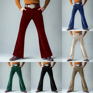 Mens Winter Velvet Flared Pants Wide Leg Vintage Solid Color Streetwear - Picture 1 of 18