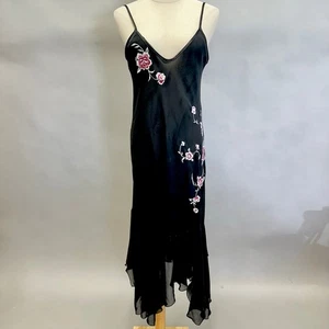 Camisón Dinastía California Años 90 Negro Bordado Pañuelo Dobladillo Talla Pequeña - Imagen 1 de 18